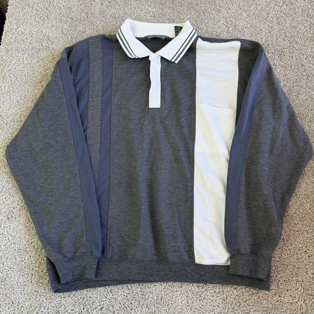 Vintage David Taylor Polo Shirt Mens XL Gray Colorblock Knit Long Sleeve Pocket
